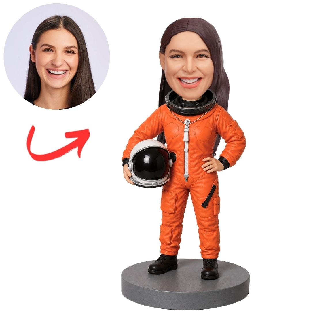 Astronaut in Orange Suit Holding Helmet Custom Bobblehead