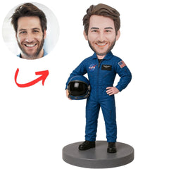 Astronaut in Blue Suit Holding Helmet Custom Bobblehead
