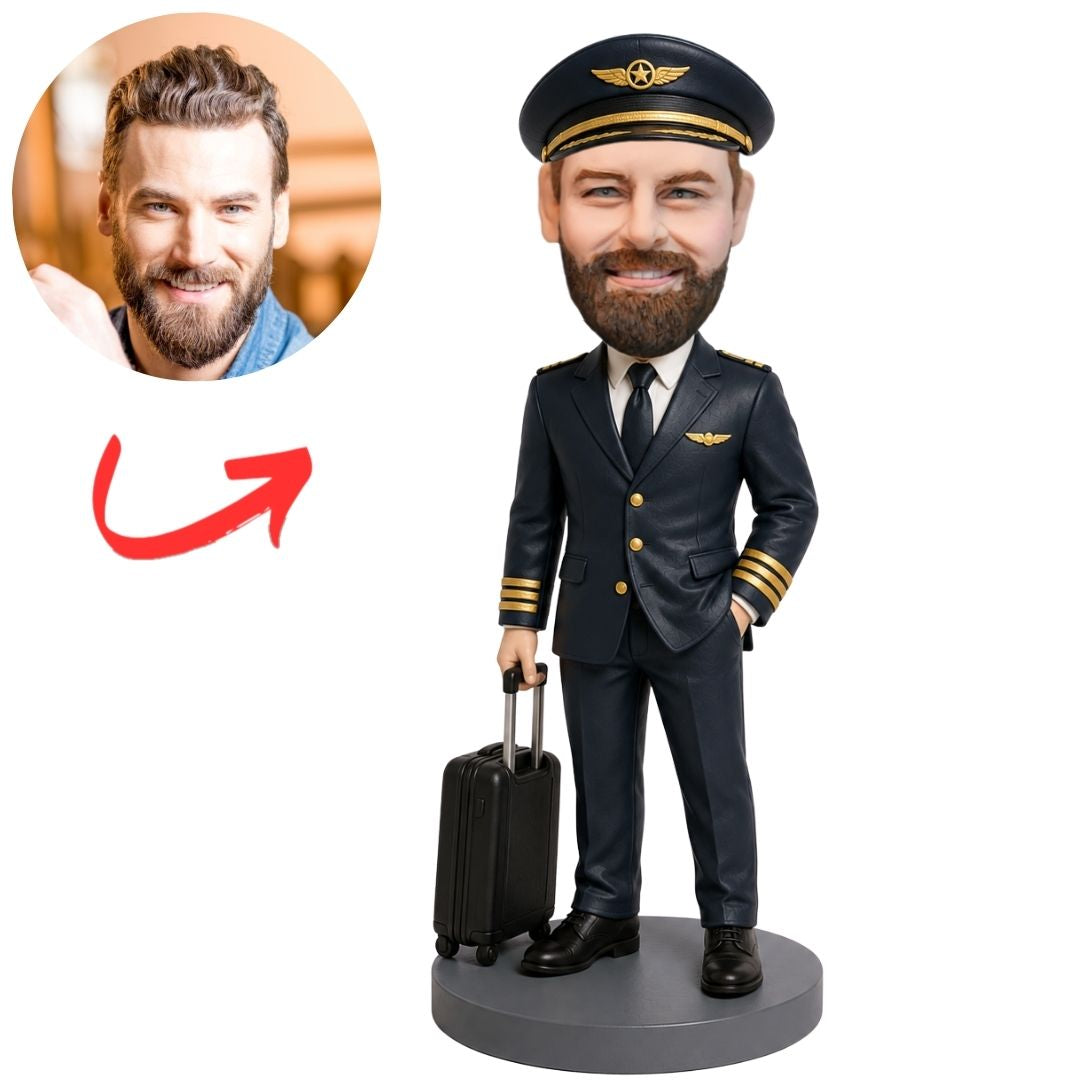 Airline Captain in Navy Uniform with Suitcase Custom Bobblehead