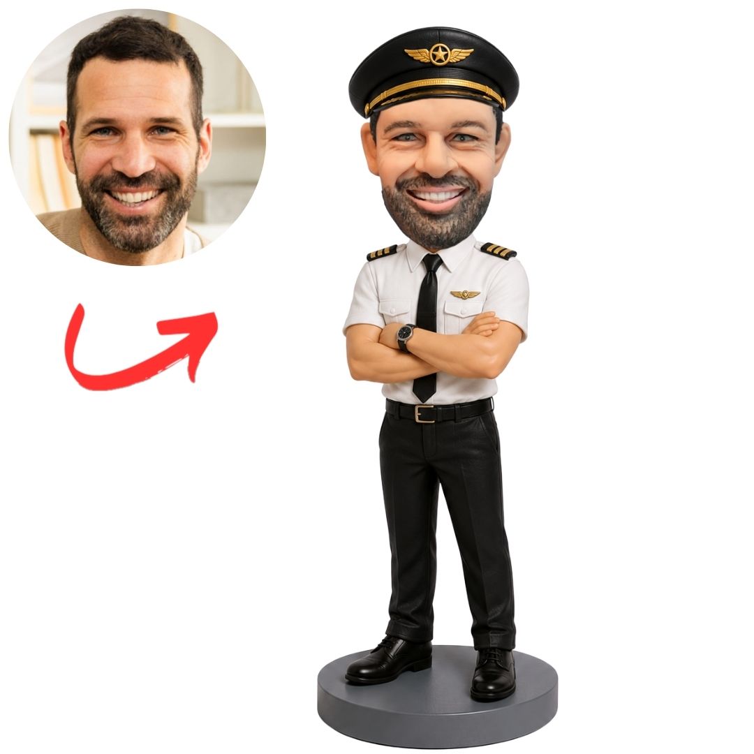 Airline Captain in White Shirt with Arms Crossed Custom Bobblehead