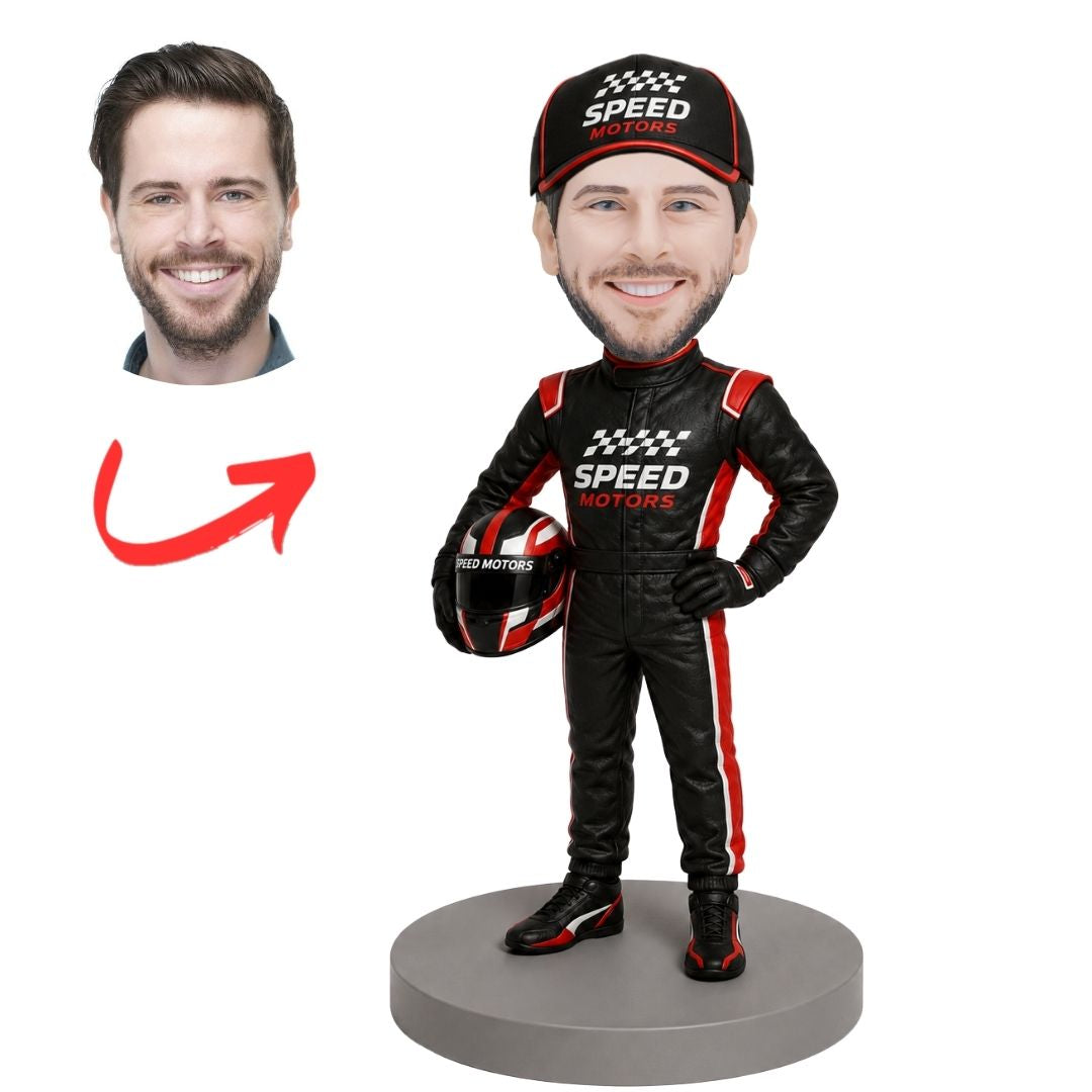 Race Car Driver in Black Suit Holding Helmet Custom Bobblehead