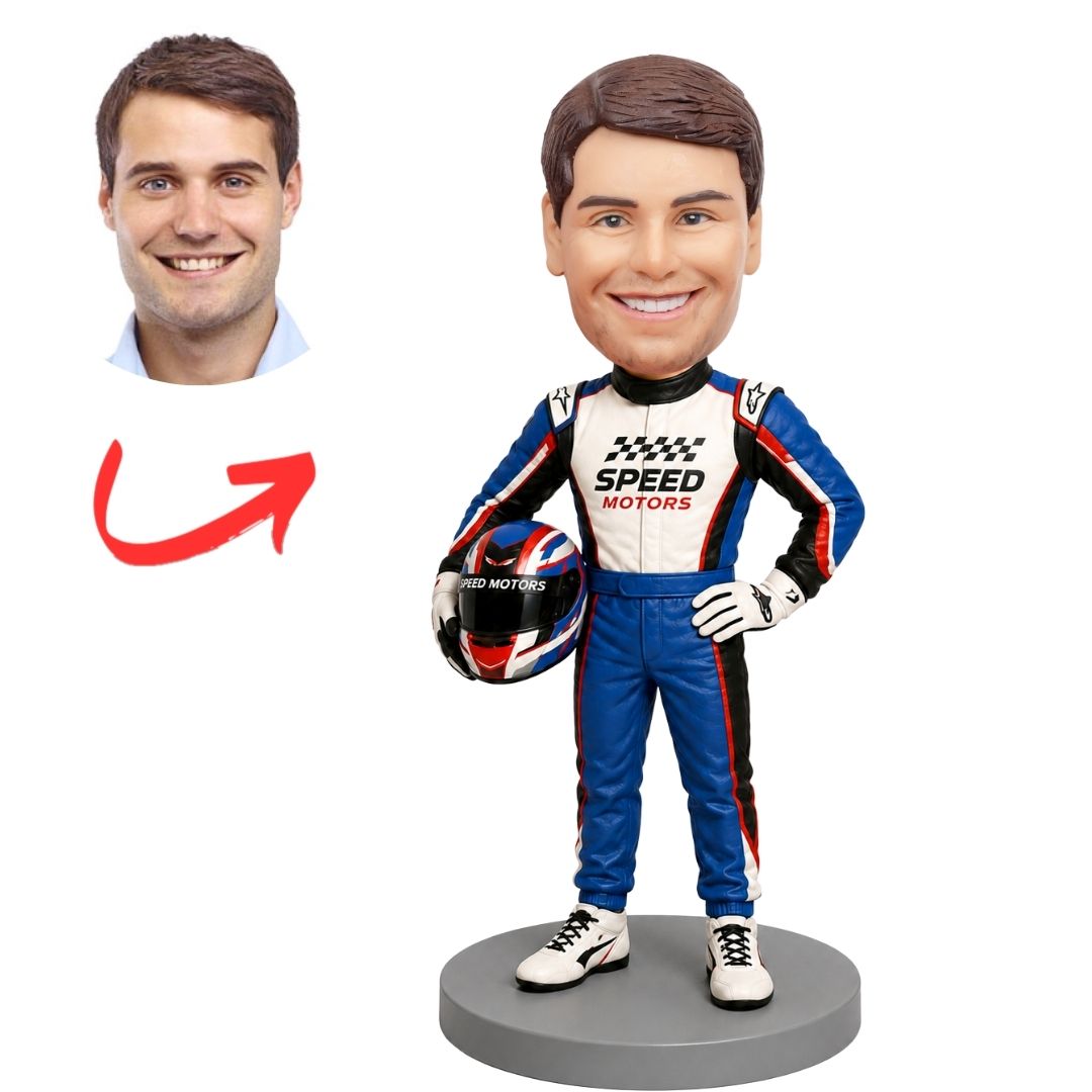 Race Car Driver in Blue Suit Holding Helmet Custom Bobblehead