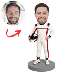 Race Car Driver in White Suit Holding Helmet Custom Bobblehead