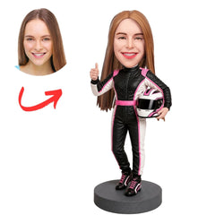Race Car Driver in Black and Pink Suit Holding Helmet Custom Bobblehead