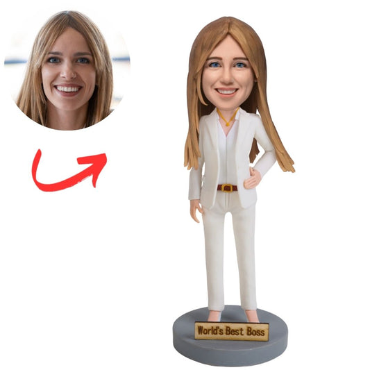 Female Boss in White Suit with World's Best Boss Base Custom Bobblehead