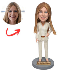 Female Boss in White Suit with World's Best Boss Base Custom Bobblehead