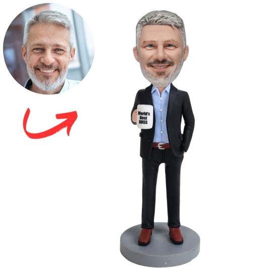 Male Boss in Black Suit Holding World's Best Boss Mug Custom Bobblehead