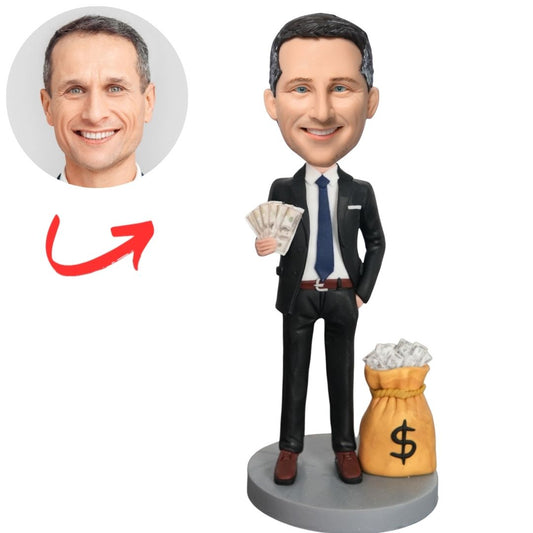 Male Boss with Cash and Money Bag Custom Bobblehead