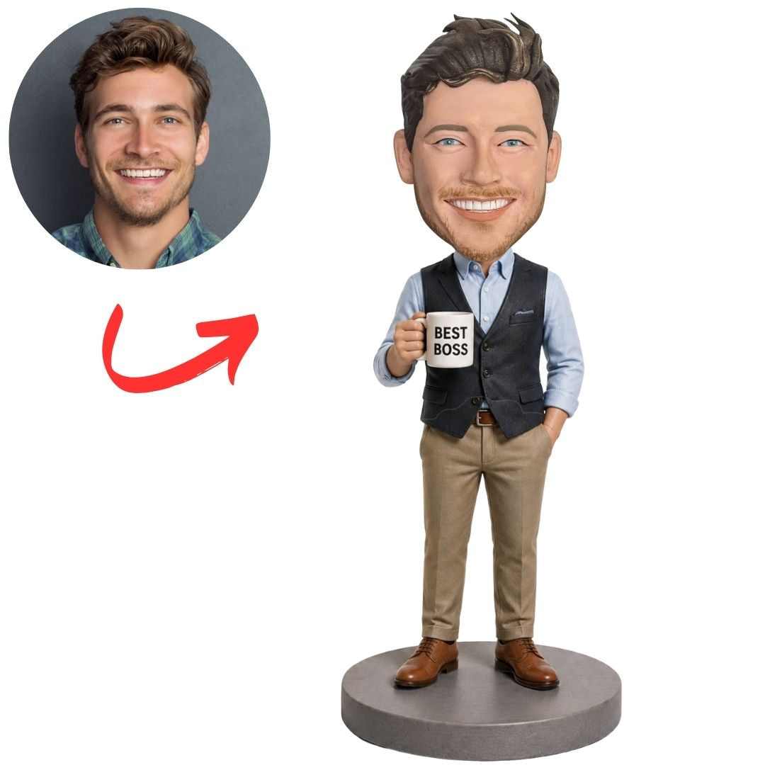 Male Boss in Blue Shirt and Gray Vest Holding a Best Boss Mug Custom Bobblehead