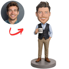 Male Boss in Blue Shirt and Gray Vest Holding a Best Boss Mug Custom Bobblehead