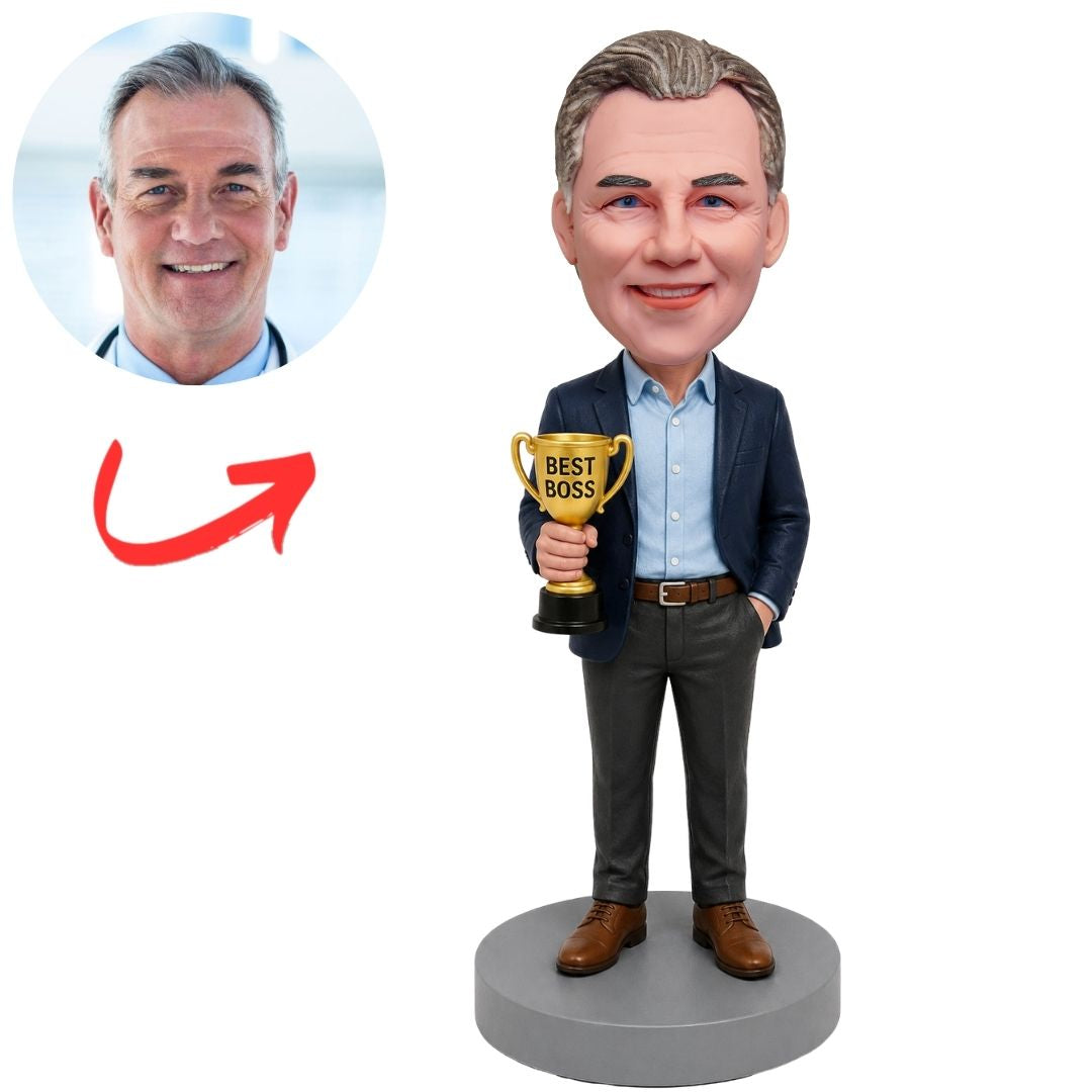 Male Boss in Navy Blazer Holding a Best Boss Trophy Custom Bobblehead