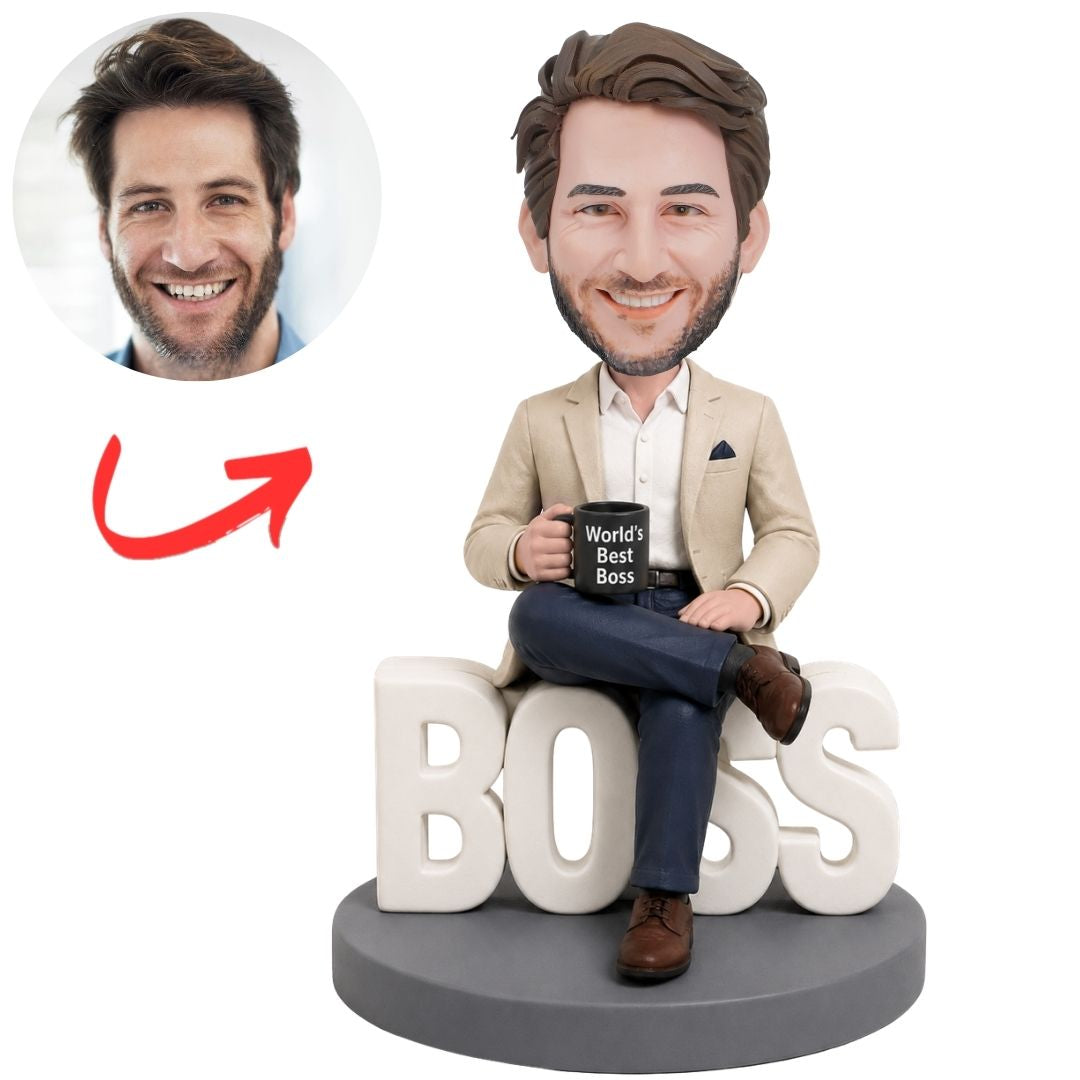 Bearded Boss in Beige Suit with World's Best Boss Mug Custom Bobblehead