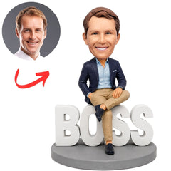 Seated Boss in Navy Suit with World's Best Boss Mug Custom Bobblehead