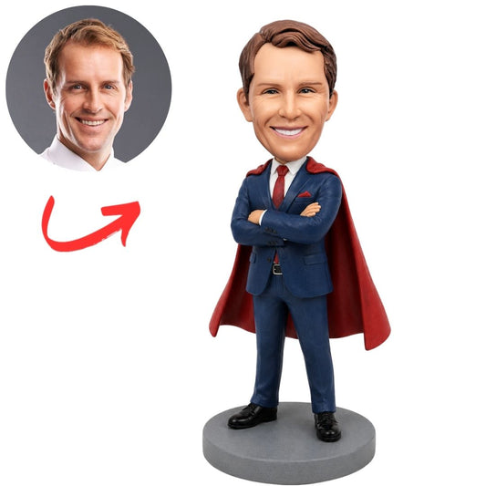 Seated Female Boss in Blue Suit with World's Best Boss Mug Custom Bobblehead