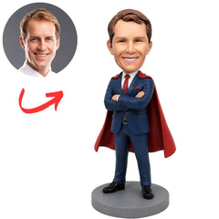 Seated Female Boss in Blue Suit with World's Best Boss Mug Custom Bobblehead