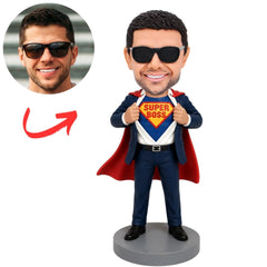Super Boss in Blue Suit Pulling Open a Red Cape Custom Bobblehead