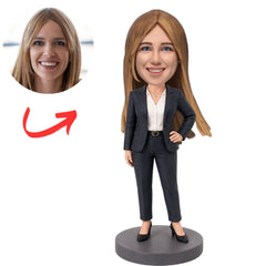 Female Boss in Navy Suit with Hand on Hip Custom Bobblehead