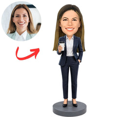 Female Boss in Navy Suit Holding Takeaway Coffee with Hand in Pocket Custom Bobblehead