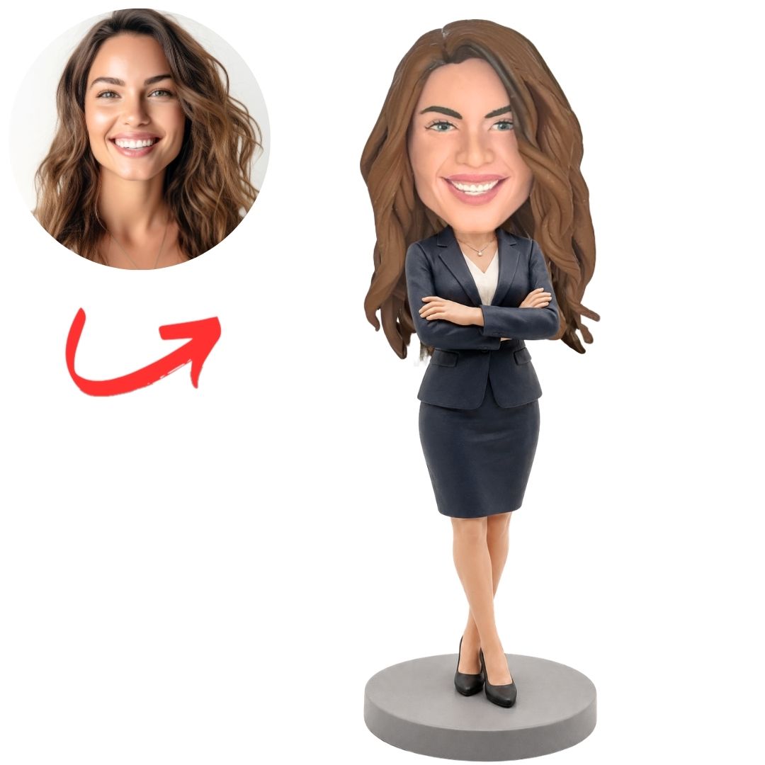 Female Boss in Charcoal Suit with Folded Arms Custom Bobblehead