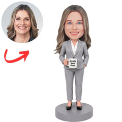 Female Boss in Gray Suit Holding a World's Best Boss Mug Custom Bobblehead