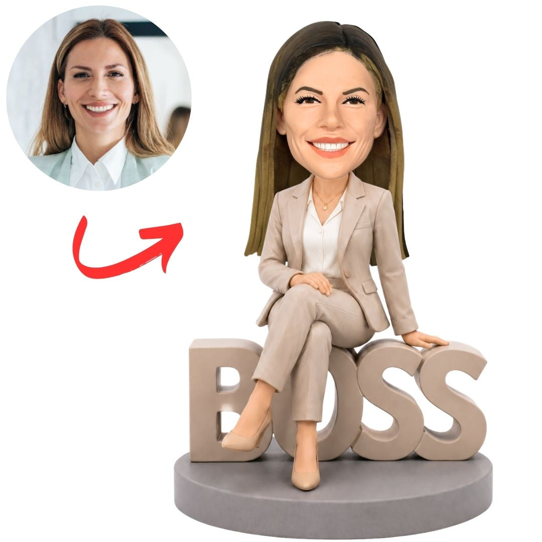 Seated Female Boss in Beige Suit on a BOSS Base Custom Bobblehead