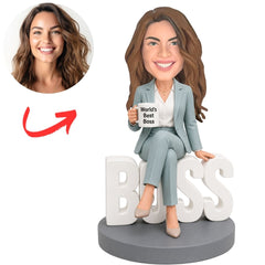 Seated Female Boss with Mug and BOSS Base Custom Bobblehead