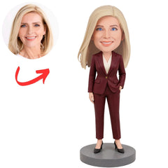 Female Boss in Burgundy Suit with Hand in Pocket Custom Bobblehead