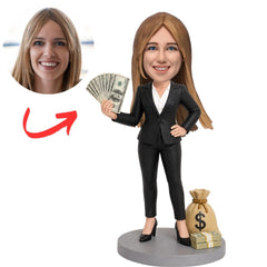 Female Boss in Black Suit Holding Cash Beside a Money Bag Custom Bobblehead