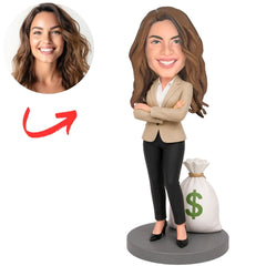 Female Boss in Beige Blazer Standing Beside a Money Bag Custom Bobblehead