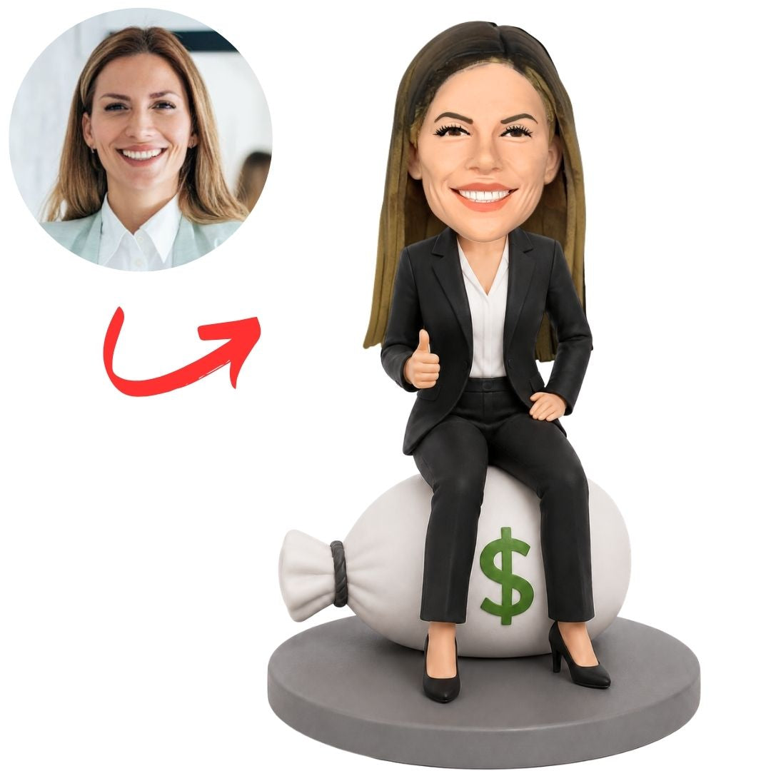 Seated Female Boss in Black Suit on a Money Bag Base with Thumbs Up Custom Bobblehead