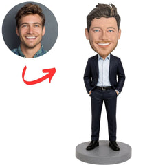 Male Boss in Navy Suit with Hands in Pockets Custom Bobblehead