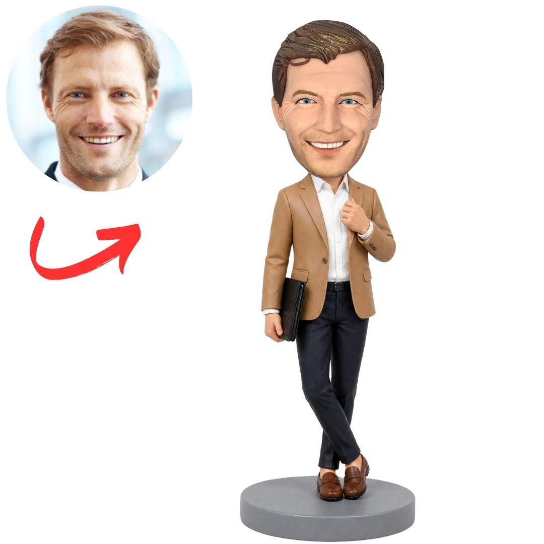 Male Boss in Tan Blazer Carrying a Black Portfolio Custom Bobblehead