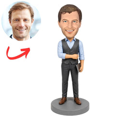 Male Boss in Gray Vest and Blue Shirt Holding a Tablet Custom Bobblehead