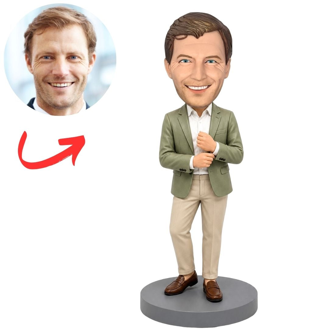Male Boss in Olive Blazer and Beige Pants Adjusting His Jacket Custom Bobblehead