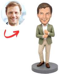 Male Boss in Olive Blazer and Beige Pants Adjusting His Jacket Custom Bobblehead