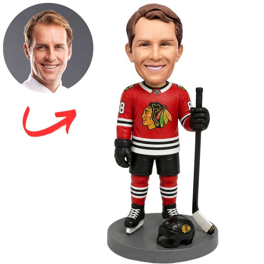 Chicago Blackhawks Hockey Player with Upright Stick and Helmet Custom Bobblehead