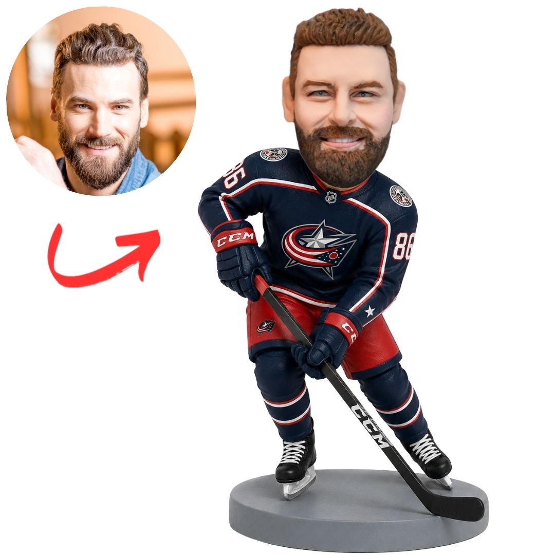Columbus Blue Jackets Hockey Player Leaning over Stick Custom Bobblehead