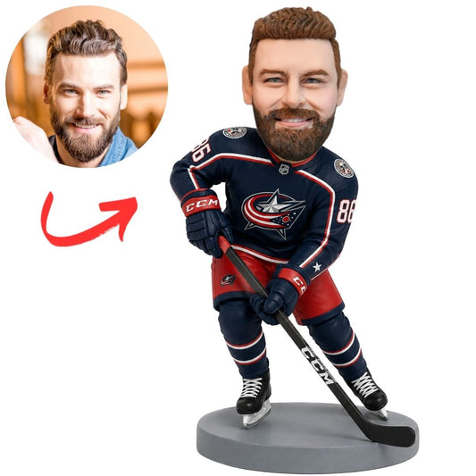 Columbus Blue Jackets Hockey Player Leaning over Stick Custom Bobblehead