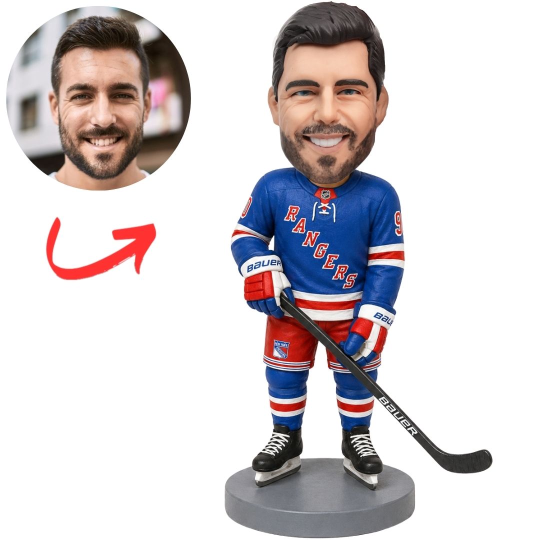 Custom New York Rangers Hockey Bobblehead with Cross-Body Stick