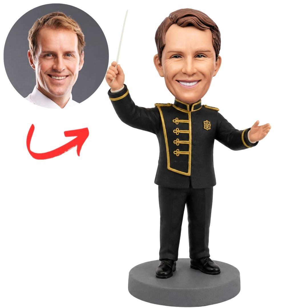 Band Director with Raised Baton Custom Bobblehead in Black and Gold Suit