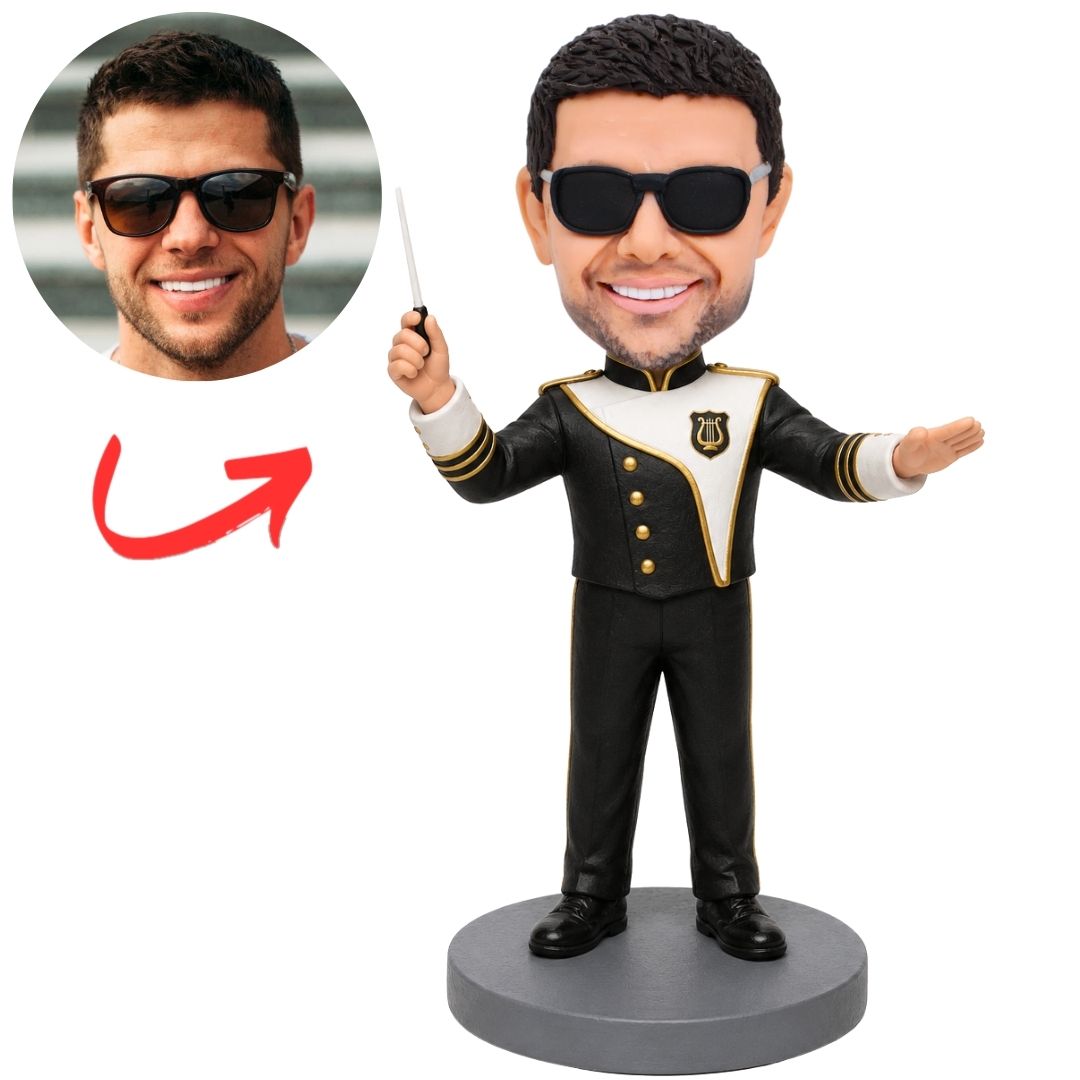 Custom Band Director Bobblehead with Extended Baton and White Trim Suit