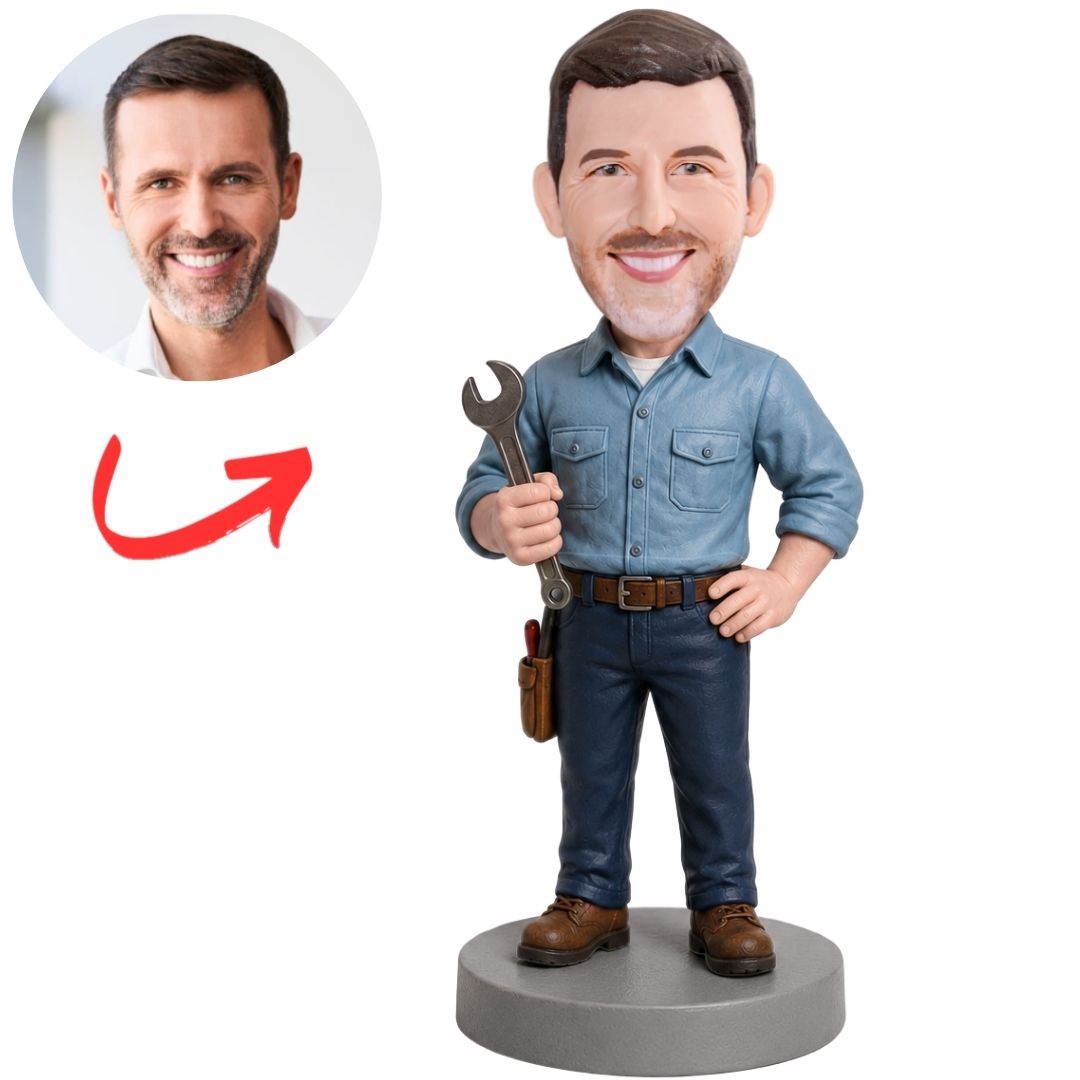 Worker Holding Wrench Custom Bobblehead in Blue Shirt