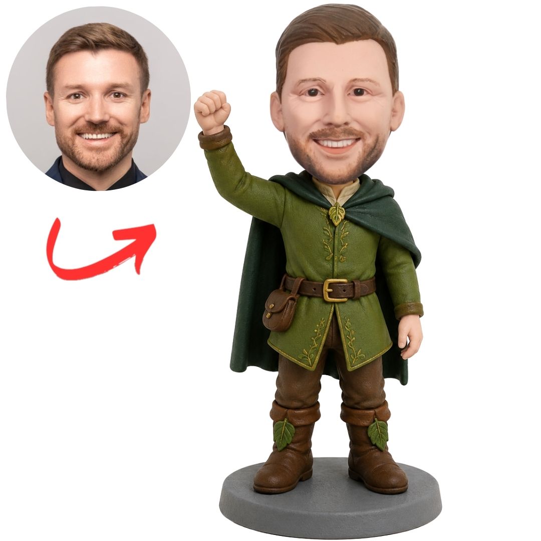 Elf in Green Tunic and Cloak Custom Bobblehead with Raised Fist