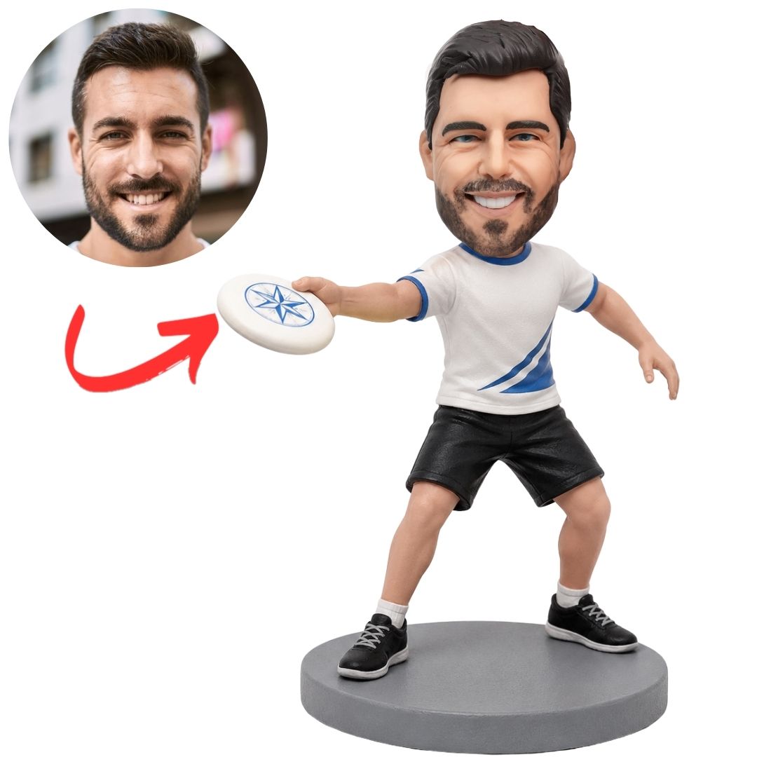 Disc Player Reaching to Throw Custom Bobblehead in White and Blue Clothing