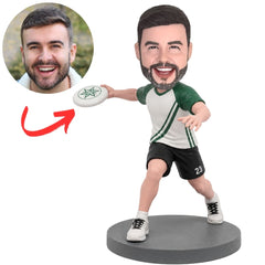 Custom Disc Player Bobblehead Stepping to Throw in White and Green Clothing