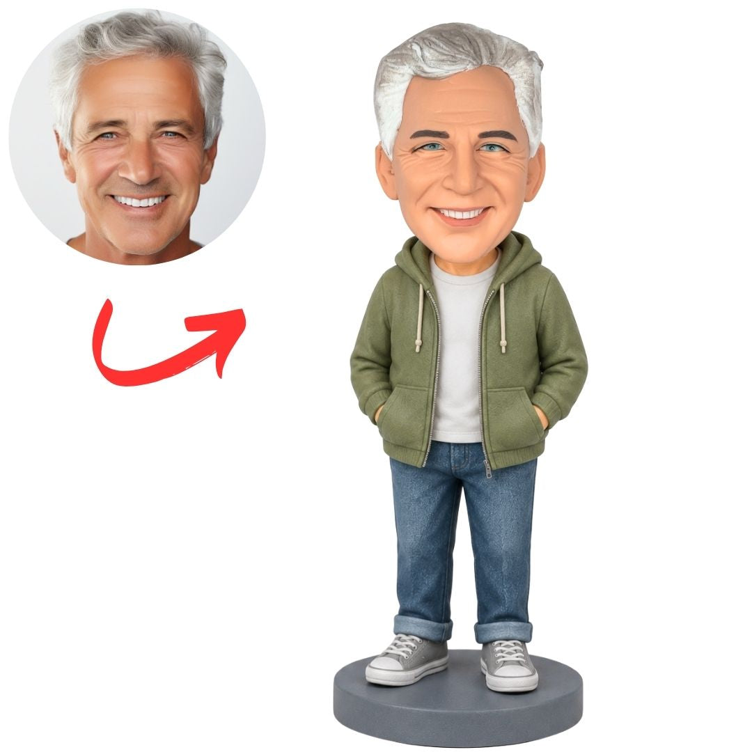 Custom Grandpa Bobblehead in Green Jacket and Jeans