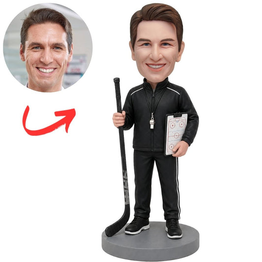 Hockey Coach with Stick and Tactics Board Custom Bobblehead