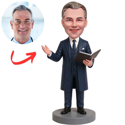 Officiant in Navy Suit with Raised Hand Custom Bobblehead