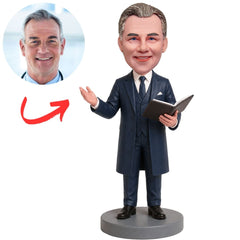 Officiant in Navy Suit with Raised Hand Custom Bobblehead