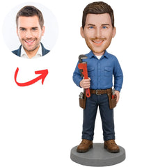 Custom Plumber Bobblehead in Blue Shirt with Red Pipe Wrench